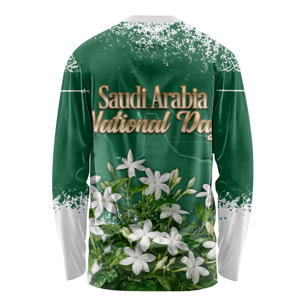 Saudi Arabia National Day Long Sleeve Shirt White Jasmine Arabic Calligraphy Cultural Pride