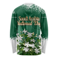Saudi Arabia National Day Long Sleeve Shirt White Jasmine Arabic Calligraphy Cultural Pride