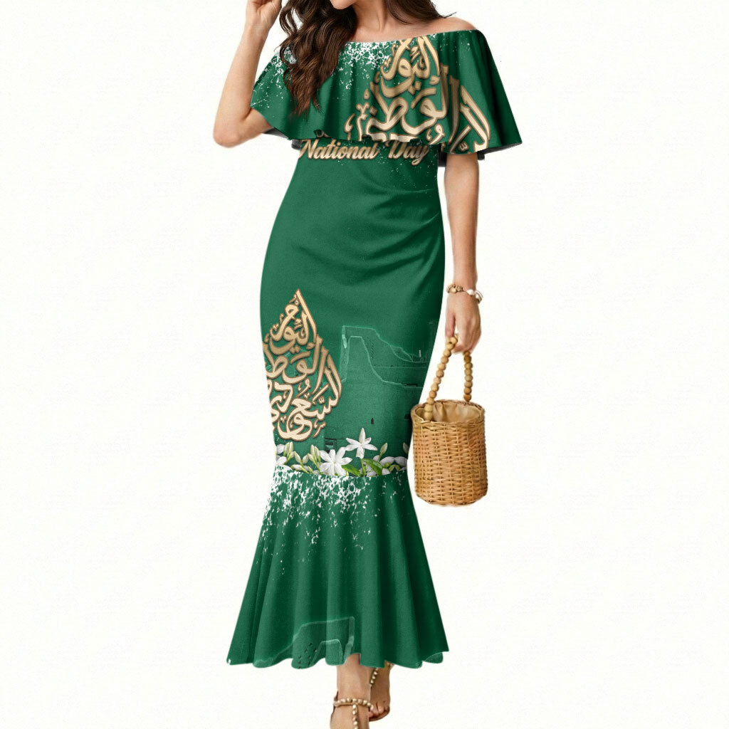 Saudi Arabia National Day Mermaid Dress White Jasmine Arabic Calligraphy Cultural Pride