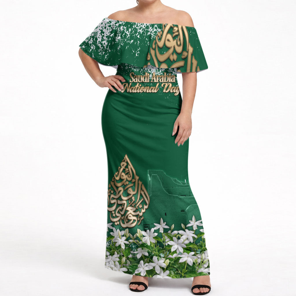 Saudi Arabia National Day Off Shoulder Maxi Dress White Jasmine Arabic Calligraphy Cultural Pride