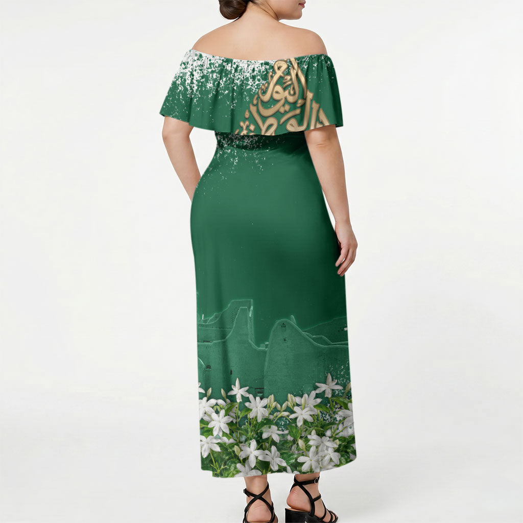 Saudi Arabia National Day Off Shoulder Maxi Dress White Jasmine Arabic Calligraphy Cultural Pride