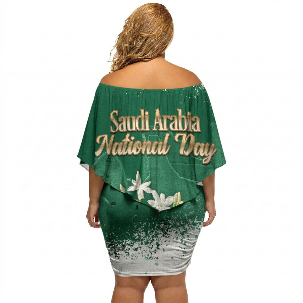 Saudi Arabia National Day Off Shoulder Short Dress White Jasmine Arabic Calligraphy Cultural Pride