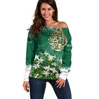 Saudi Arabia National Day Off Shoulder Sweater White Jasmine Arabic Calligraphy Cultural Pride
