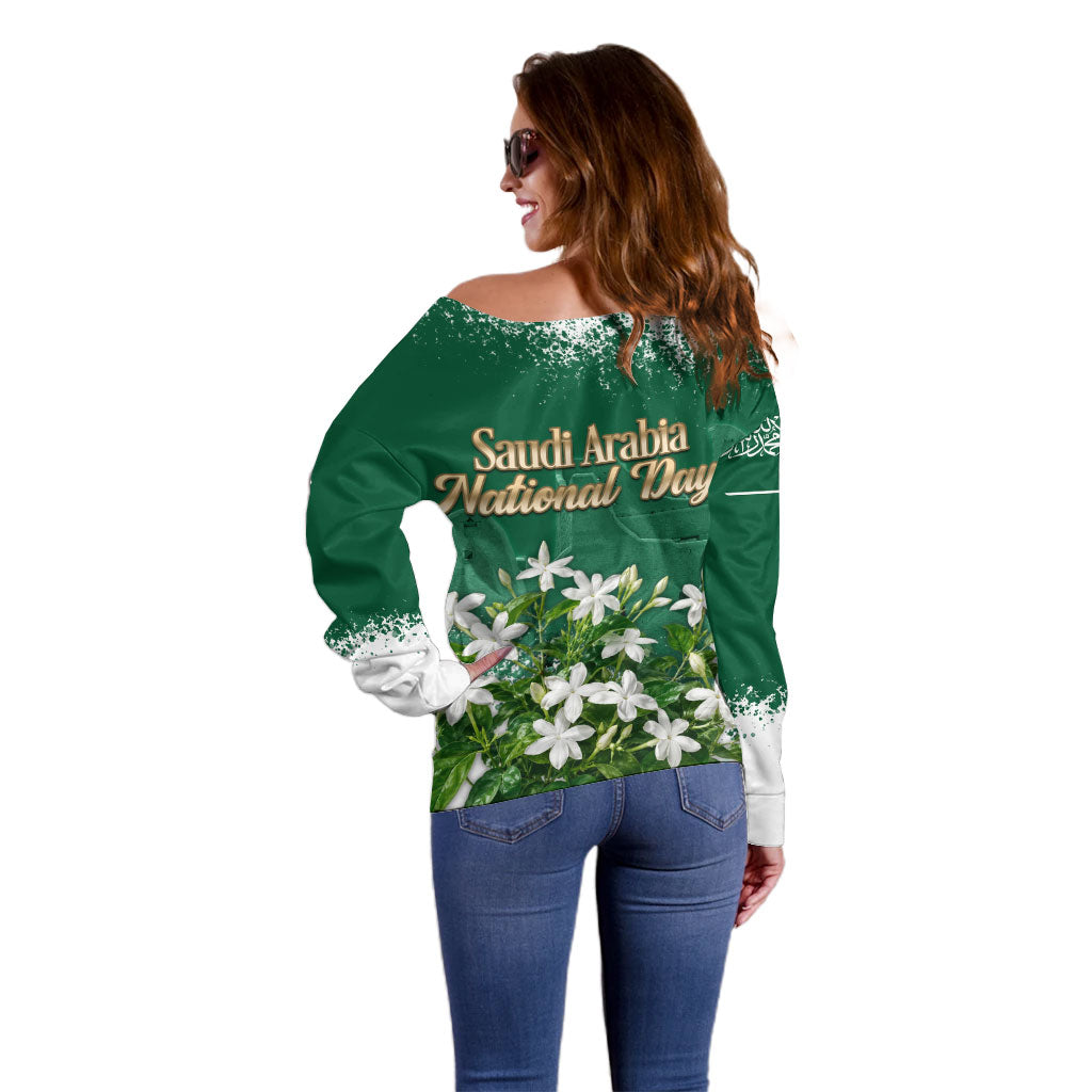 Saudi Arabia National Day Off Shoulder Sweater White Jasmine Arabic Calligraphy Cultural Pride