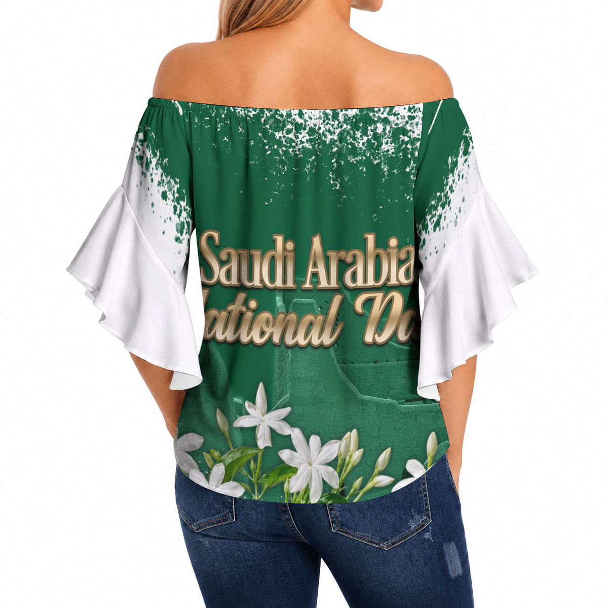 Saudi Arabia National Day Off Shoulder Wrap Waist Top White Jasmine Arabic Calligraphy Cultural Pride
