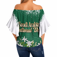 Saudi Arabia National Day Off Shoulder Wrap Waist Top White Jasmine Arabic Calligraphy Cultural Pride