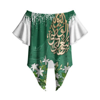 Saudi Arabia National Day Off Shoulder Wrap Waist Top White Jasmine Arabic Calligraphy Cultural Pride