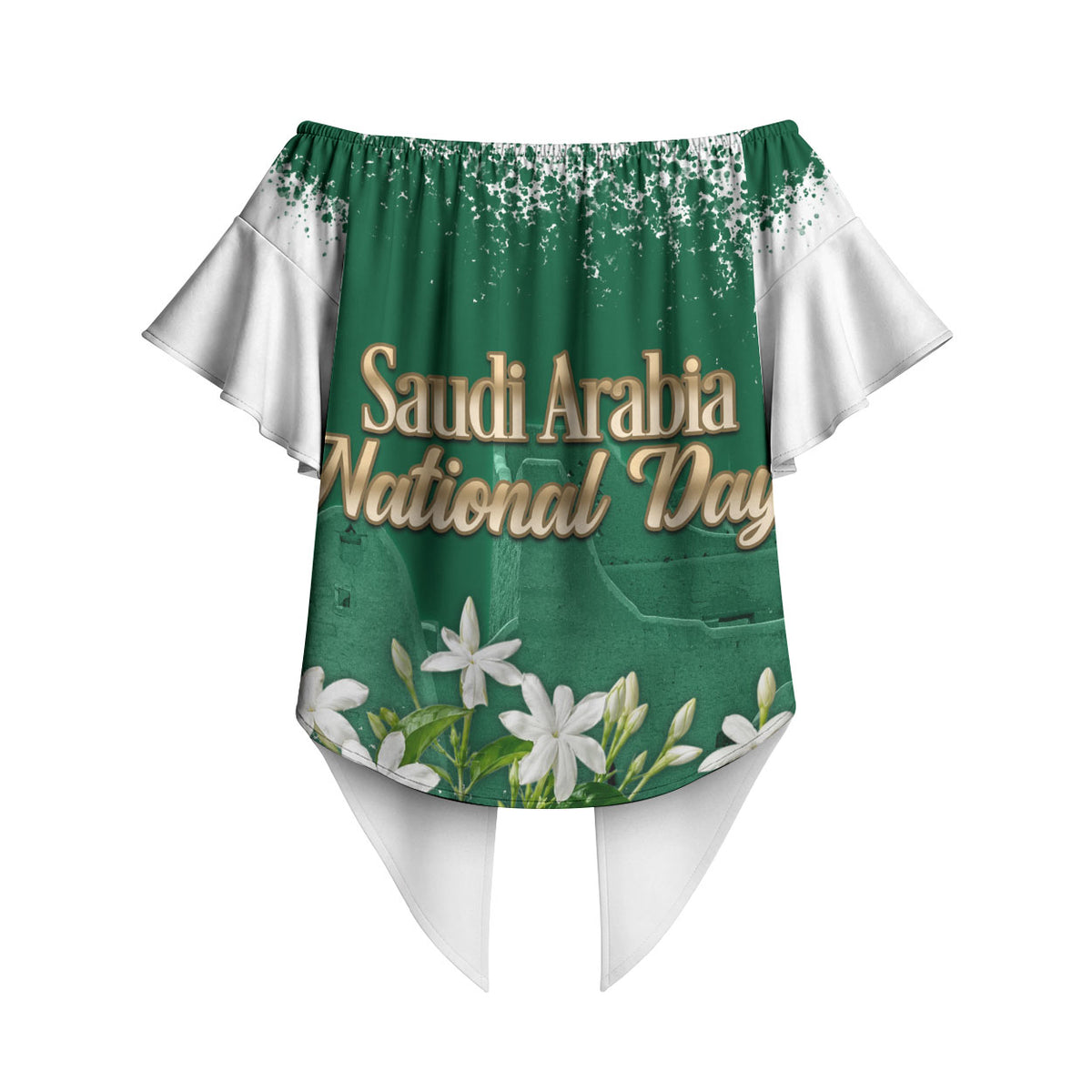 Saudi Arabia National Day Off Shoulder Wrap Waist Top White Jasmine Arabic Calligraphy Cultural Pride