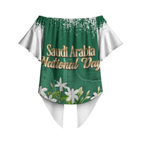 Saudi Arabia National Day Off Shoulder Wrap Waist Top White Jasmine Arabic Calligraphy Cultural Pride