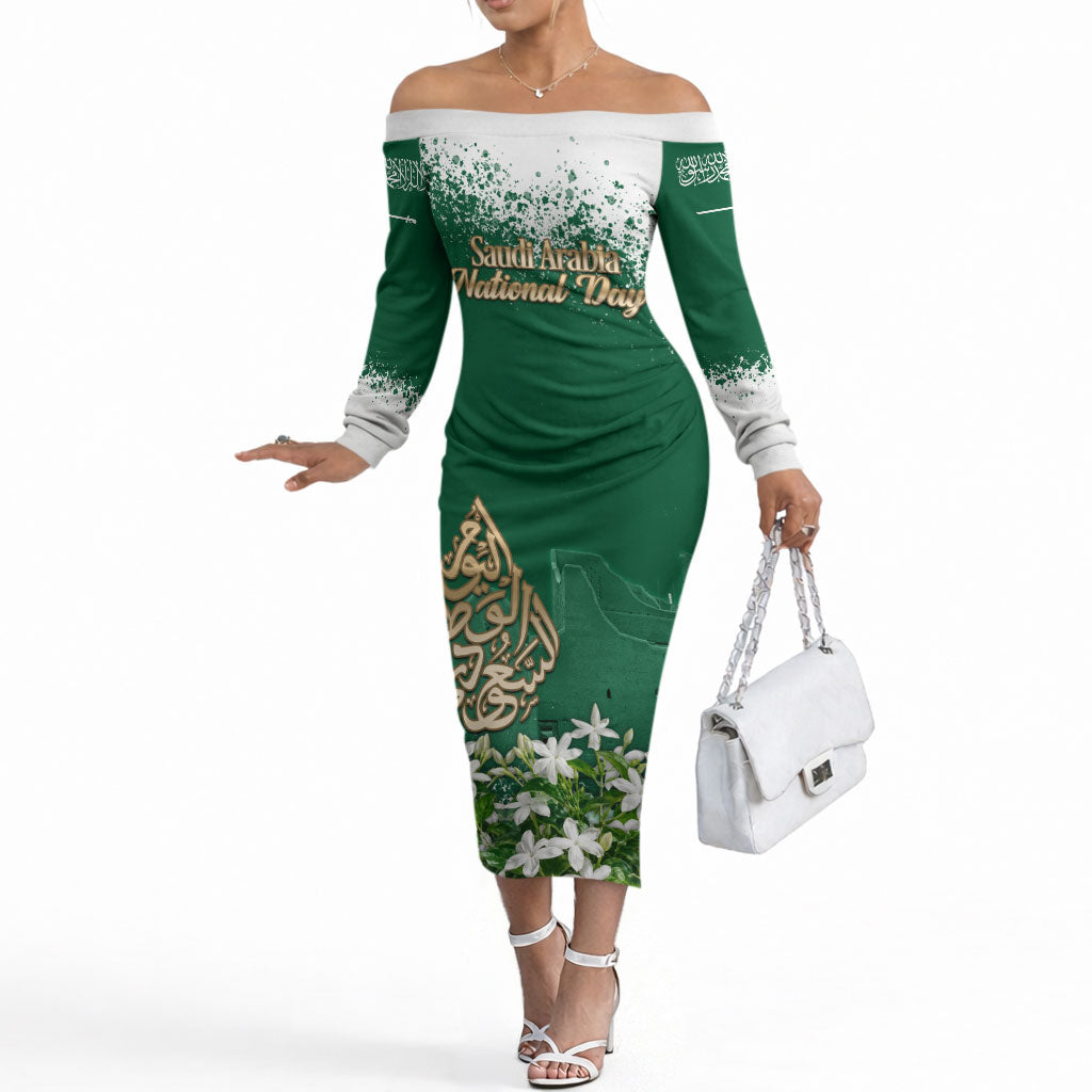 Saudi Arabia National Day Off The Shoulder Long Sleeve Dress White Jasmine Arabic Calligraphy Cultural Pride