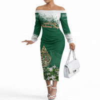 Saudi Arabia National Day Off The Shoulder Long Sleeve Dress White Jasmine Arabic Calligraphy Cultural Pride