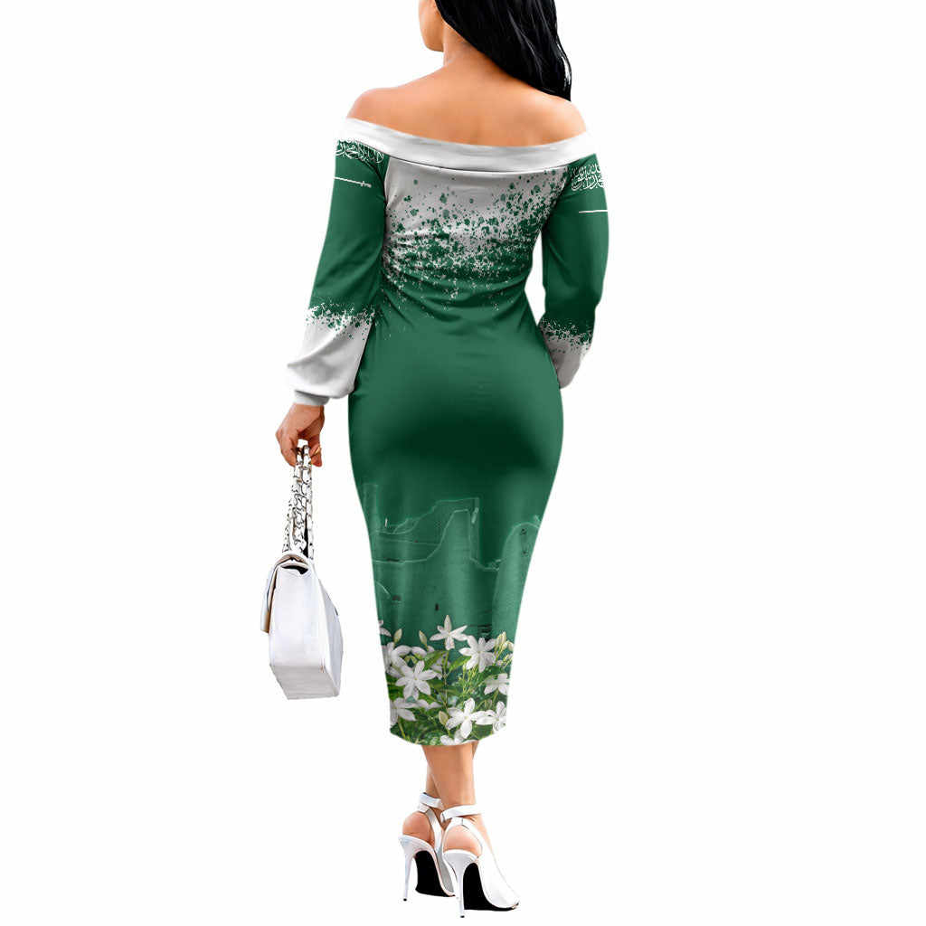 Saudi Arabia National Day Off The Shoulder Long Sleeve Dress White Jasmine Arabic Calligraphy Cultural Pride