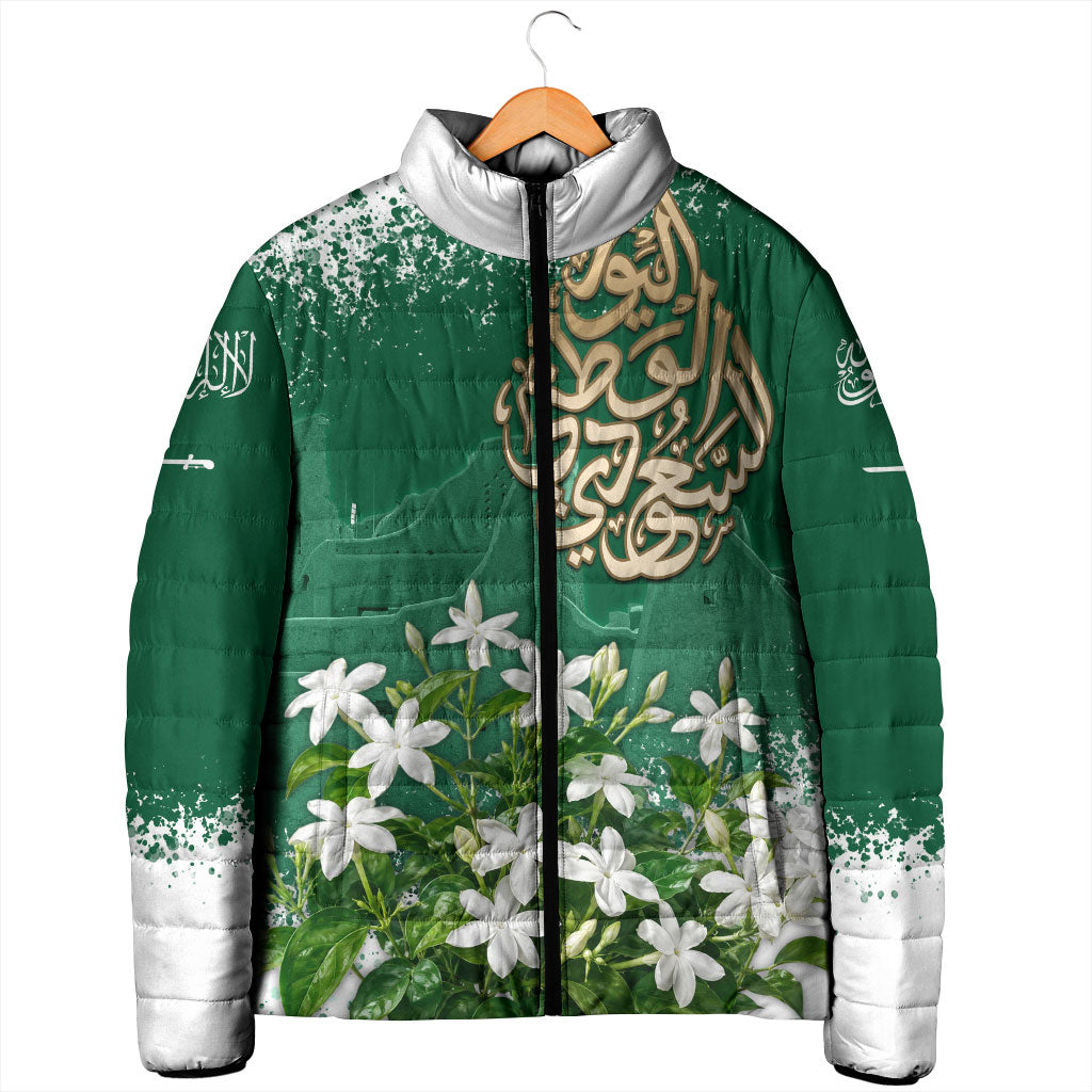 Saudi Arabia National Day Padded Jacket White Jasmine Arabic Calligraphy Cultural Pride