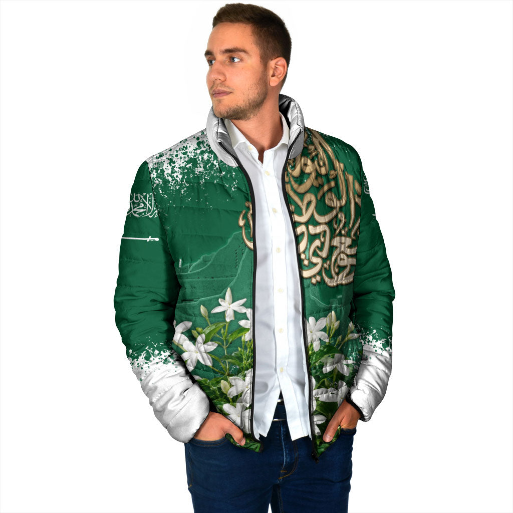 Saudi Arabia National Day Padded Jacket White Jasmine Arabic Calligraphy Cultural Pride