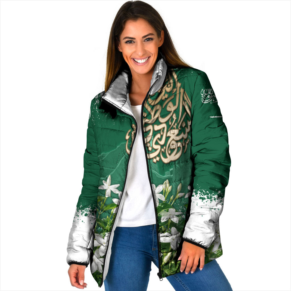 Saudi Arabia National Day Padded Jacket White Jasmine Arabic Calligraphy Cultural Pride