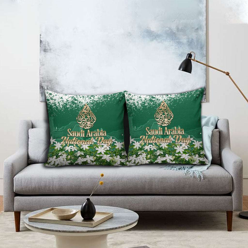 Saudi Arabia National Day Pillow Cover White Jasmine Arabic Calligraphy Cultural Pride