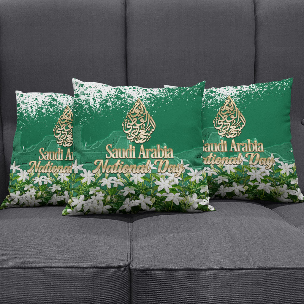 Saudi Arabia National Day Pillow Cover White Jasmine Arabic Calligraphy Cultural Pride