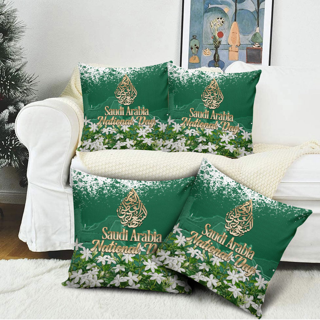 Saudi Arabia National Day Pillow Cover White Jasmine Arabic Calligraphy Cultural Pride
