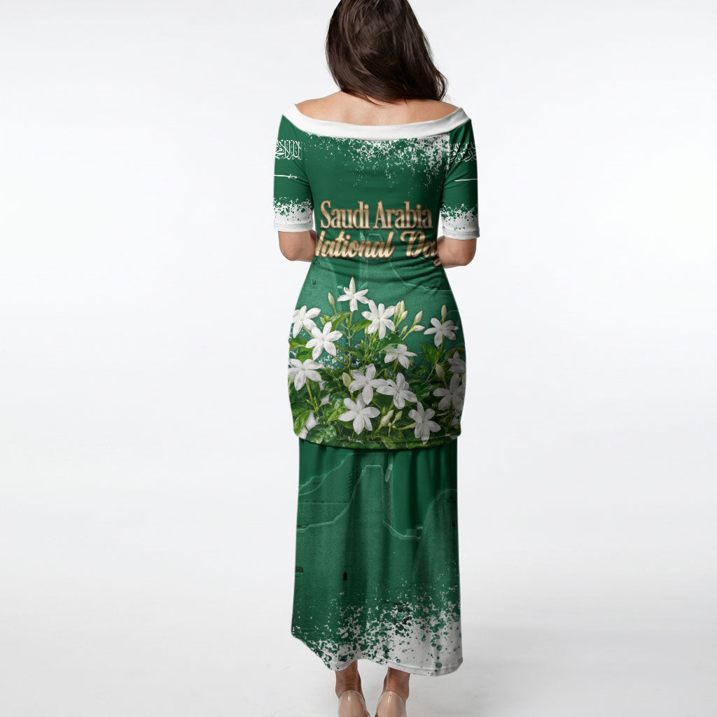 Saudi Arabia National Day Puletasi White Jasmine Arabic Calligraphy Cultural Pride
