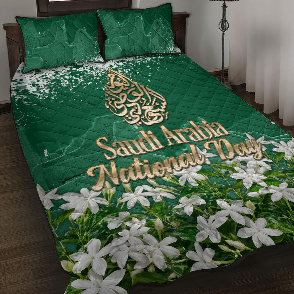 Saudi Arabia National Day Quilt Bed Set White Jasmine Arabic Calligraphy Cultural Pride