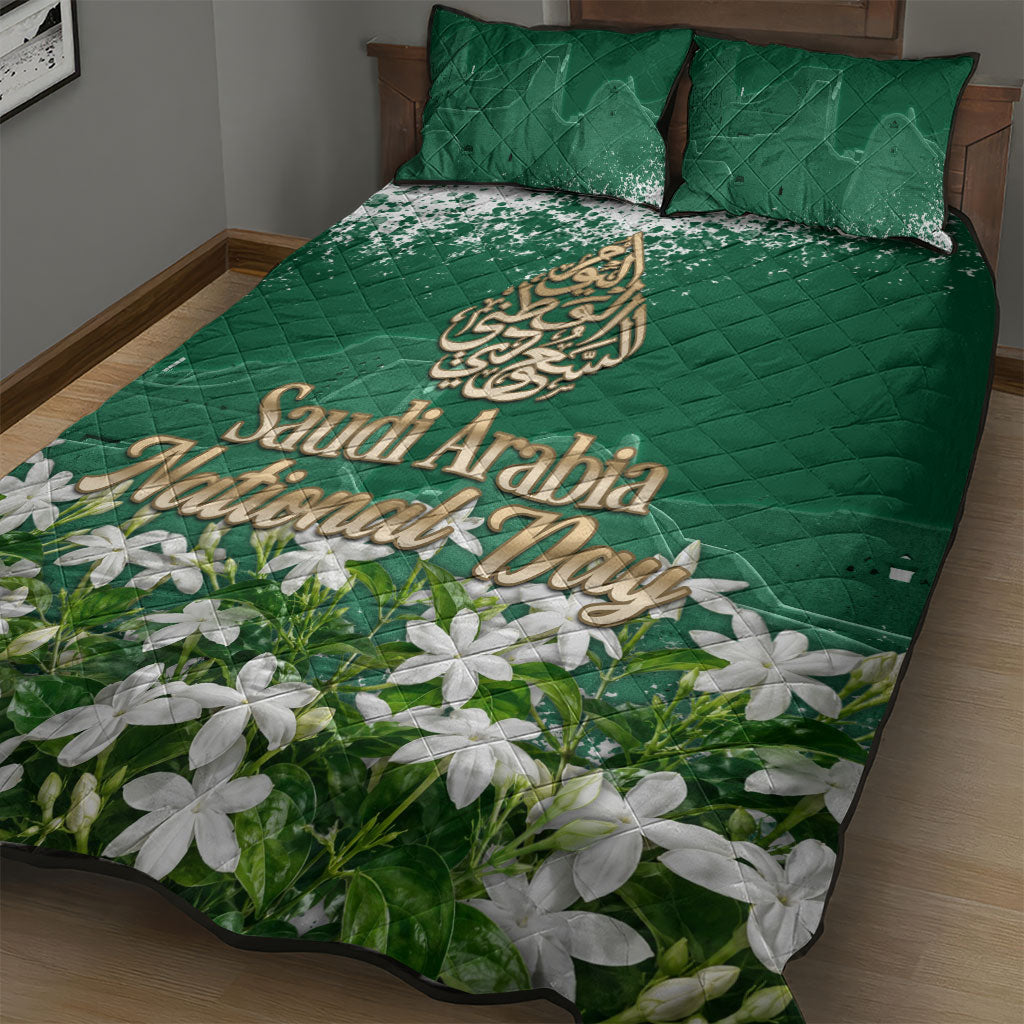 Saudi Arabia National Day Quilt Bed Set White Jasmine Arabic Calligraphy Cultural Pride