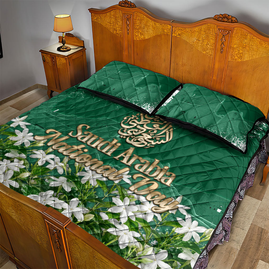 Saudi Arabia National Day Quilt Bed Set White Jasmine Arabic Calligraphy Cultural Pride