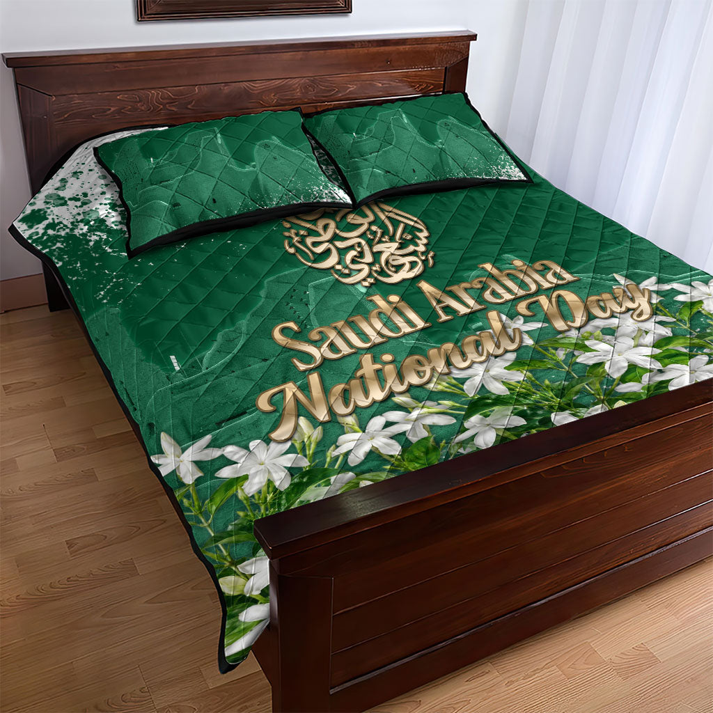Saudi Arabia National Day Quilt Bed Set White Jasmine Arabic Calligraphy Cultural Pride