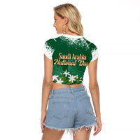 Saudi Arabia National Day Raglan Cropped T Shirt White Jasmine Arabic Calligraphy Cultural Pride