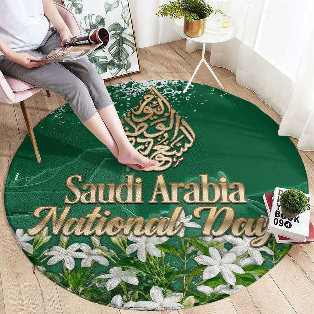 Saudi Arabia National Day Round Carpet White Jasmine Arabic Calligraphy Cultural Pride
