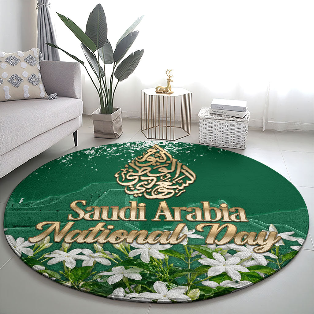Saudi Arabia National Day Round Carpet White Jasmine Arabic Calligraphy Cultural Pride