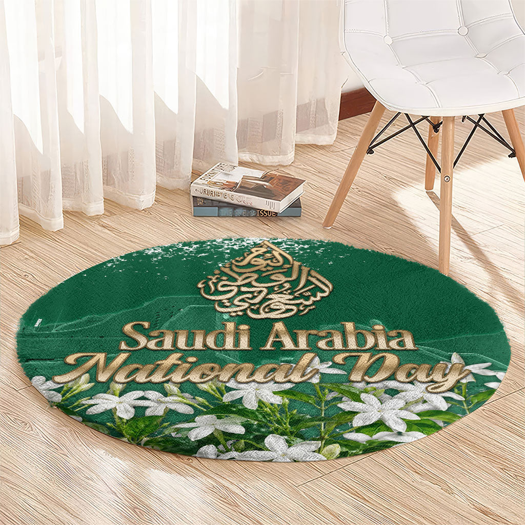 Saudi Arabia National Day Round Carpet White Jasmine Arabic Calligraphy Cultural Pride