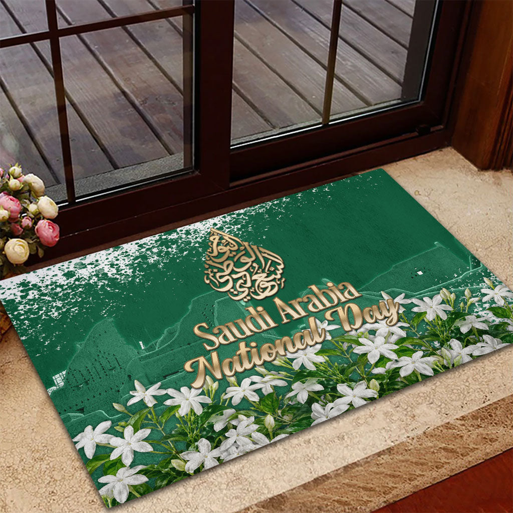 Saudi Arabia National Day Rubber Doormat White Jasmine Arabic Calligraphy Cultural Pride