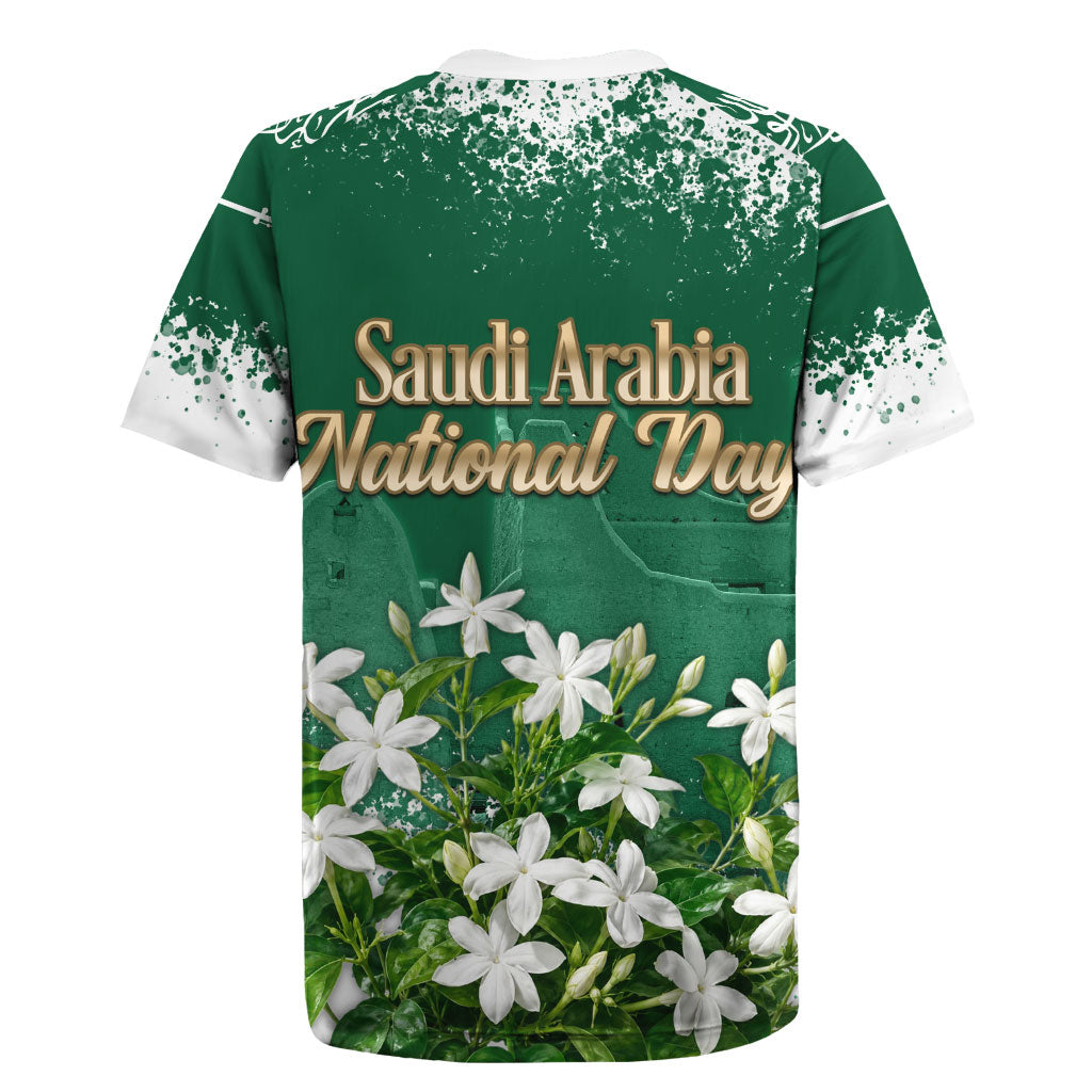 Saudi Arabia National Day Rugby Jersey White Jasmine Arabic Calligraphy Cultural Pride
