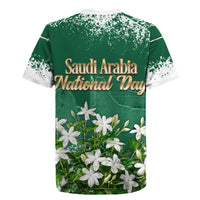Saudi Arabia National Day Rugby Jersey White Jasmine Arabic Calligraphy Cultural Pride