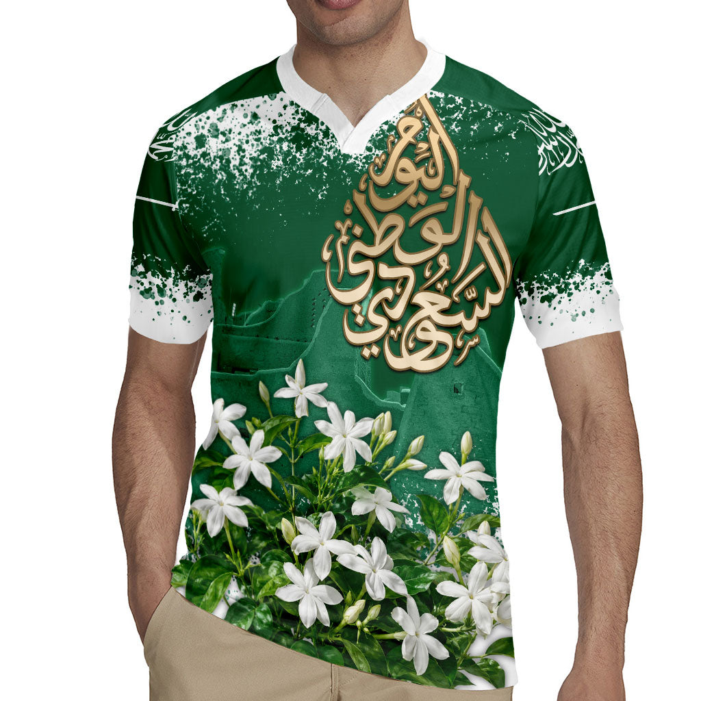 Saudi Arabia National Day Rugby Jersey White Jasmine Arabic Calligraphy Cultural Pride