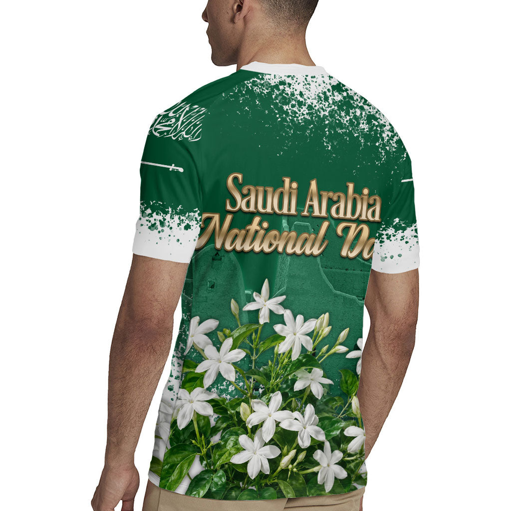 Saudi Arabia National Day Rugby Jersey White Jasmine Arabic Calligraphy Cultural Pride