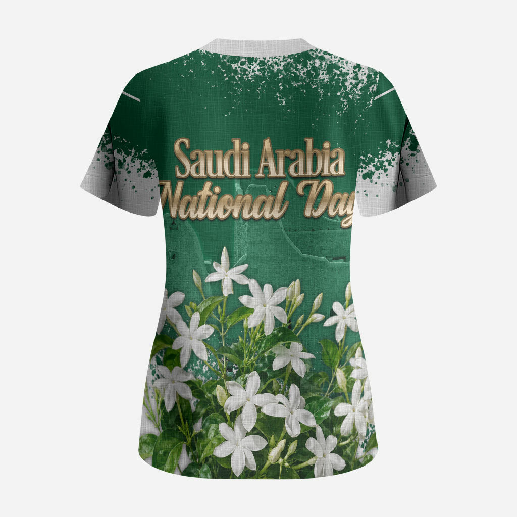 Saudi Arabia National Day Scrub Top White Jasmine Arabic Calligraphy Cultural Pride