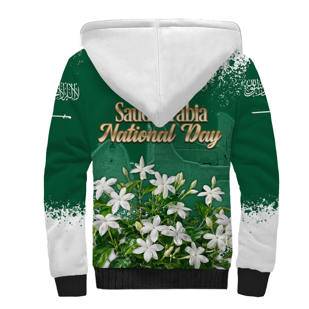 Saudi Arabia National Day Sherpa Hoodie White Jasmine Arabic Calligraphy Cultural Pride