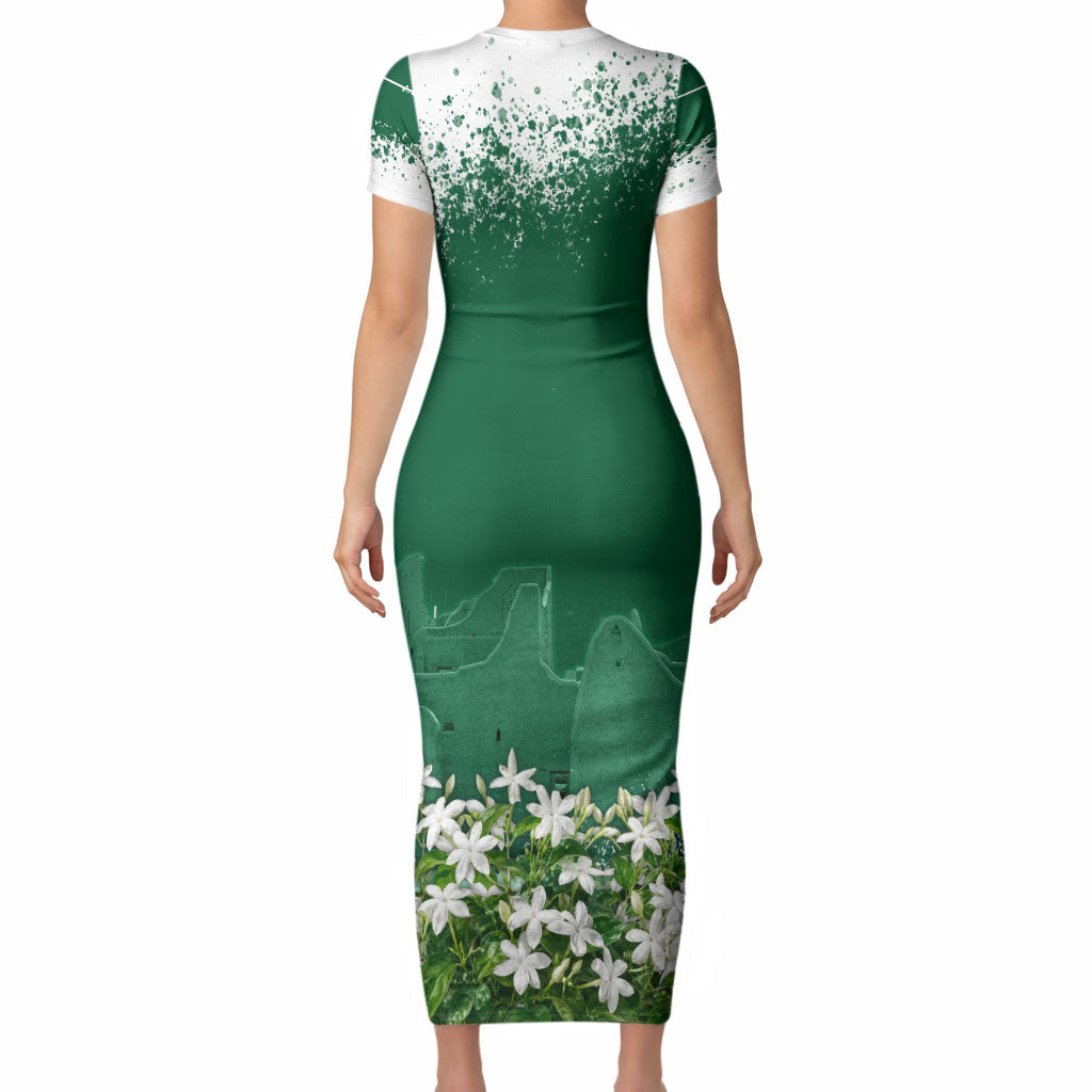 Saudi Arabia National Day Short Sleeve Bodycon Dress White Jasmine Arabic Calligraphy Cultural Pride
