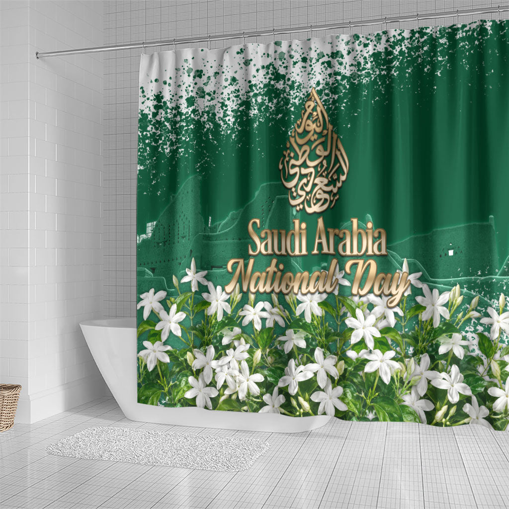 Saudi Arabia National Day Shower Curtain White Jasmine Arabic Calligraphy Cultural Pride
