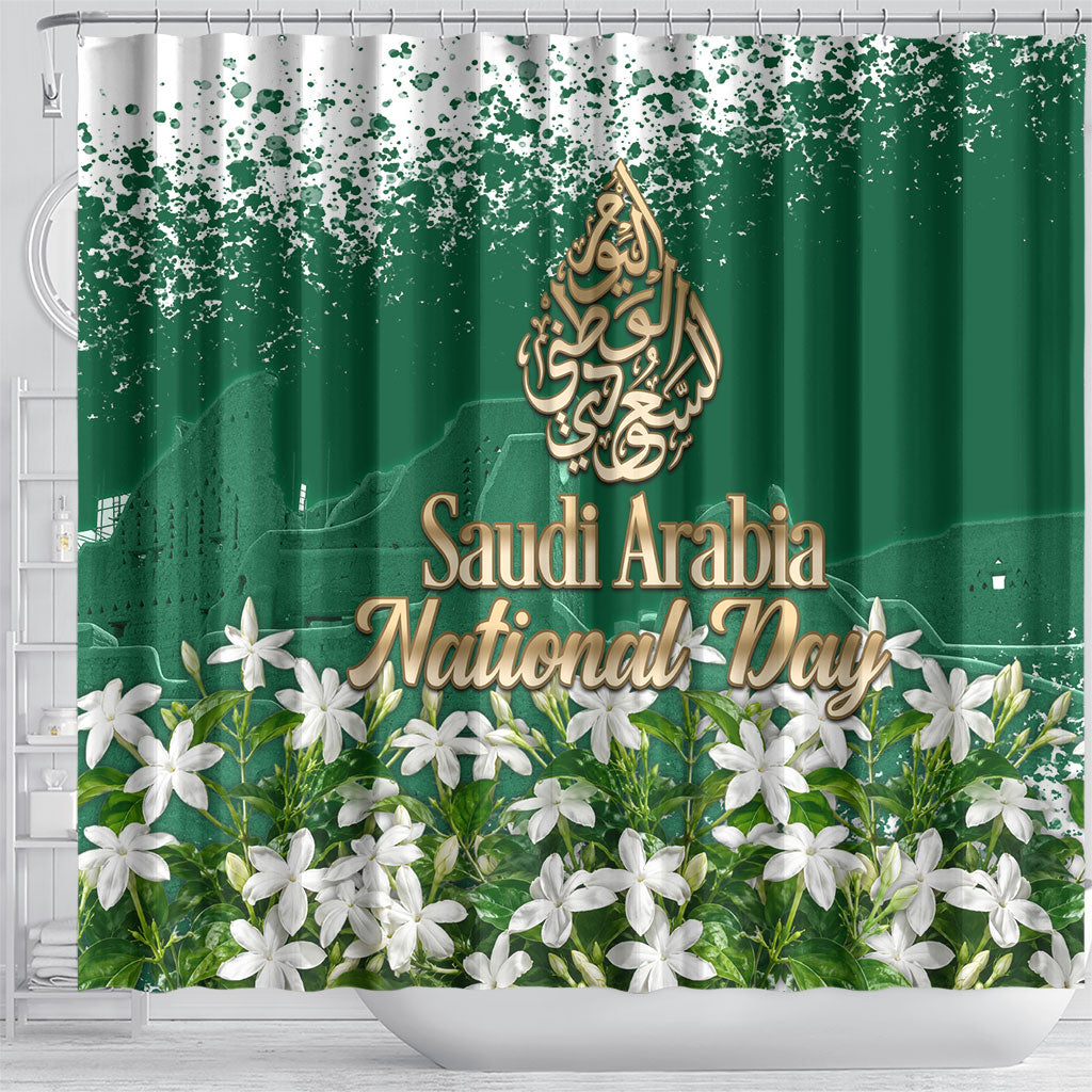 Saudi Arabia National Day Shower Curtain White Jasmine Arabic Calligraphy Cultural Pride