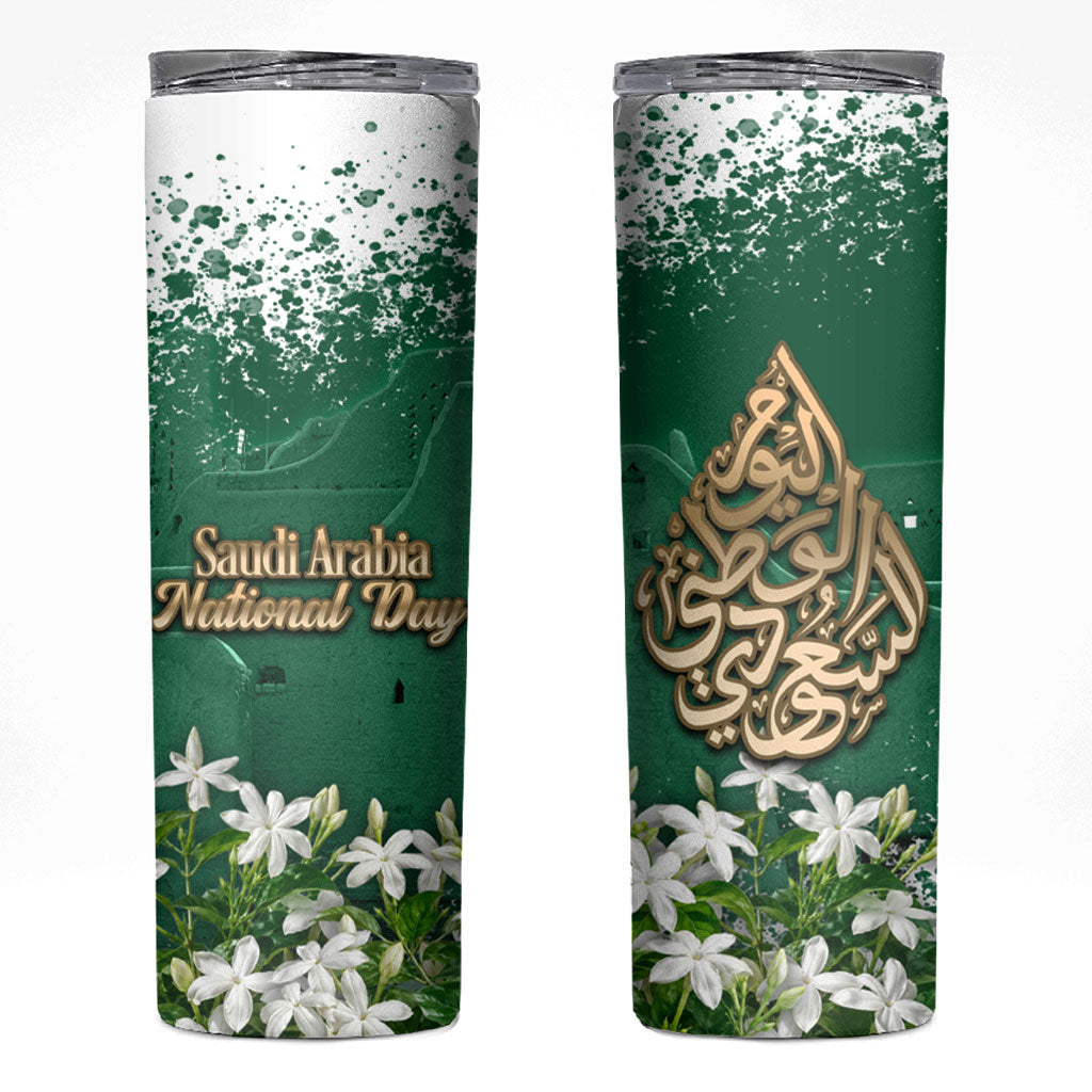 Saudi Arabia National Day Skinny Tumbler White Jasmine Arabic Calligraphy Cultural Pride