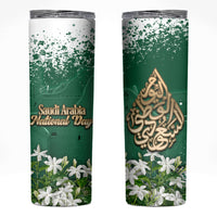 Saudi Arabia National Day Skinny Tumbler White Jasmine Arabic Calligraphy Cultural Pride