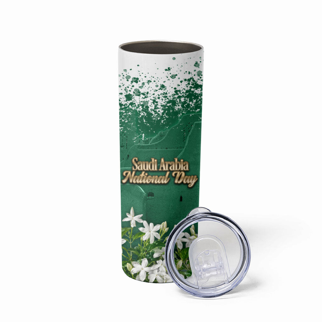 Saudi Arabia National Day Skinny Tumbler White Jasmine Arabic Calligraphy Cultural Pride