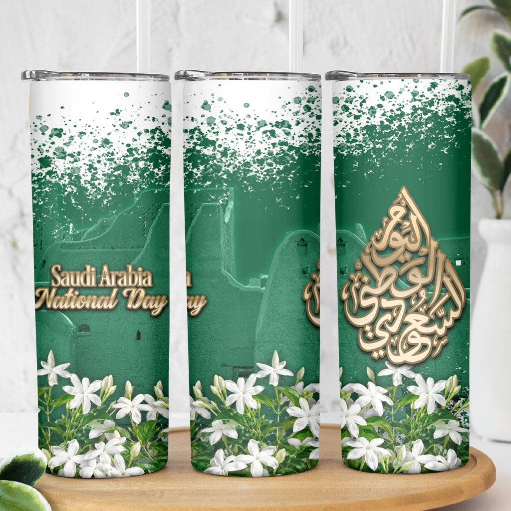 Saudi Arabia National Day Skinny Tumbler White Jasmine Arabic Calligraphy Cultural Pride