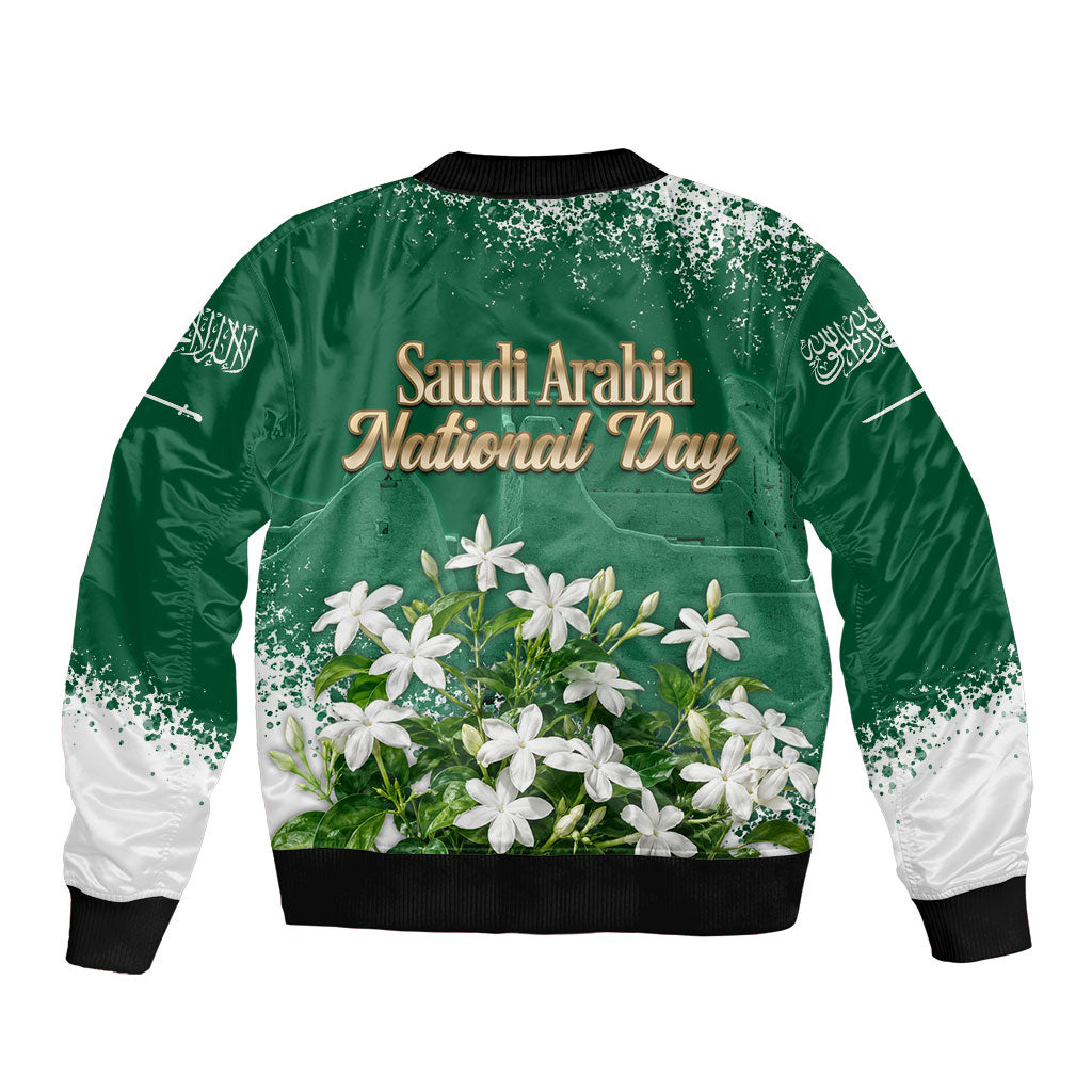 Saudi Arabia National Day Sleeve Zip Bomber Jacket White Jasmine Arabic Calligraphy Cultural Pride
