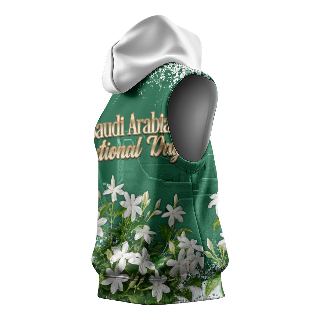 Saudi Arabia National Day Sleeveless Hoodie White Jasmine Arabic Calligraphy Cultural Pride