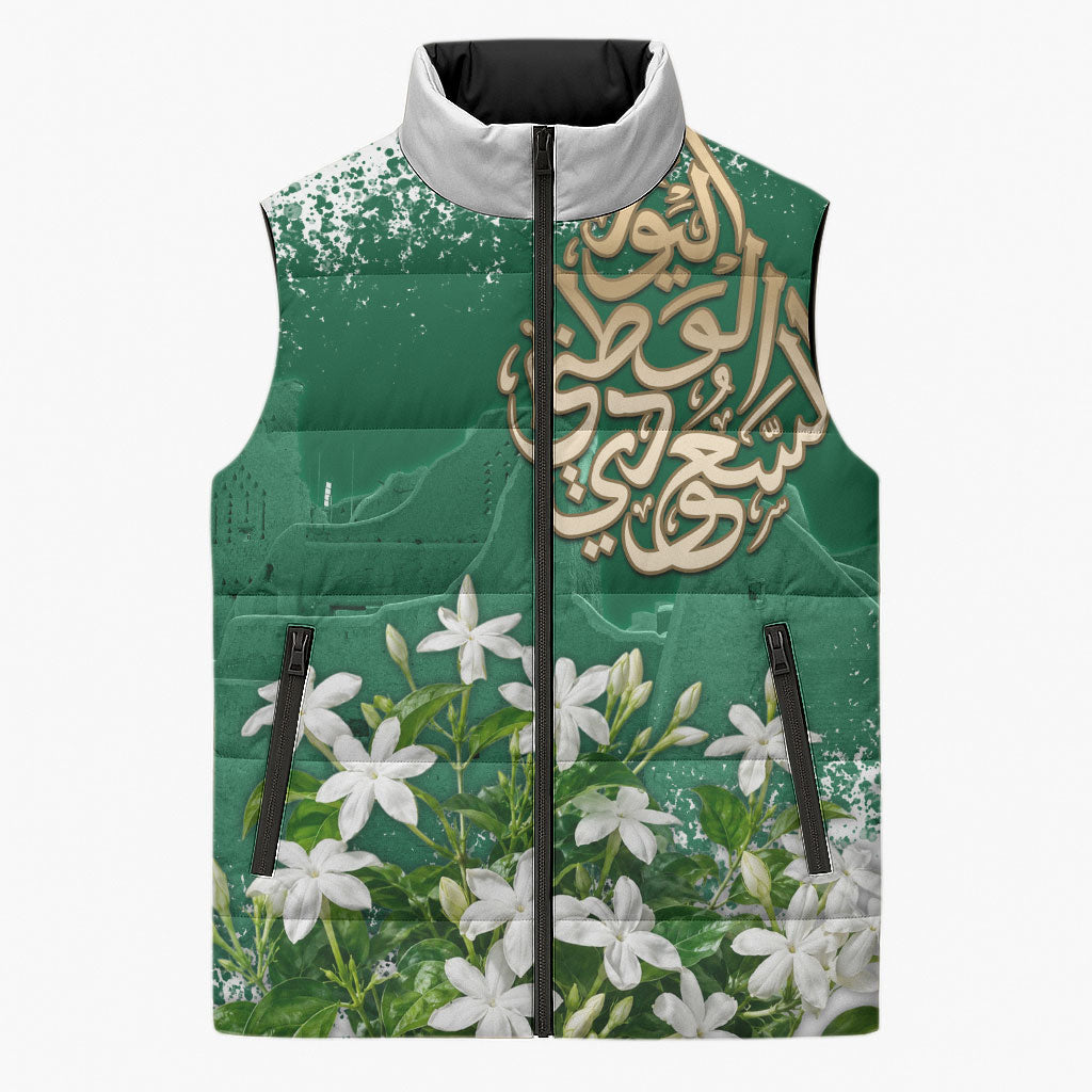 Saudi Arabia National Day Sleeveless Puffer Jacket White Jasmine Arabic Calligraphy Cultural Pride