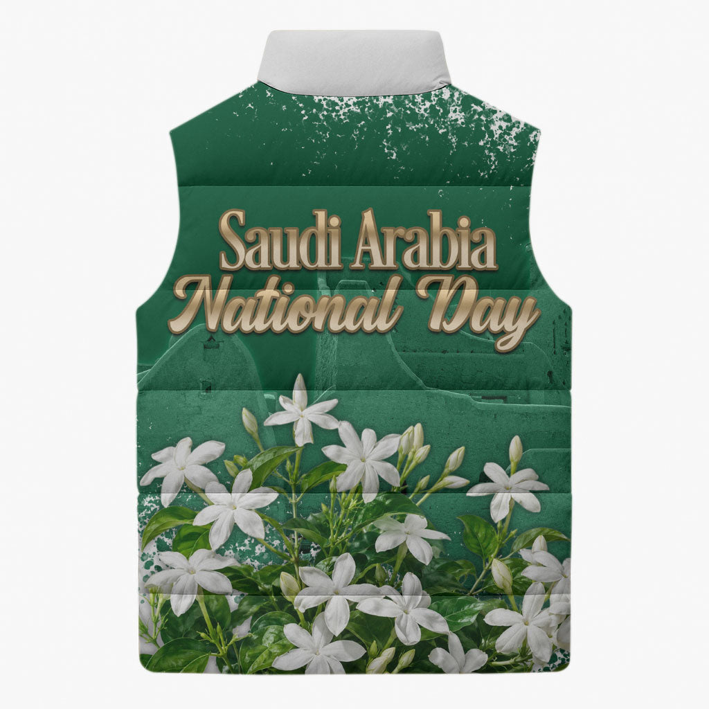Saudi Arabia National Day Sleeveless Puffer Jacket White Jasmine Arabic Calligraphy Cultural Pride