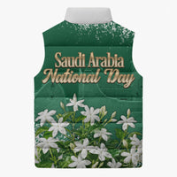 Saudi Arabia National Day Sleeveless Puffer Jacket White Jasmine Arabic Calligraphy Cultural Pride